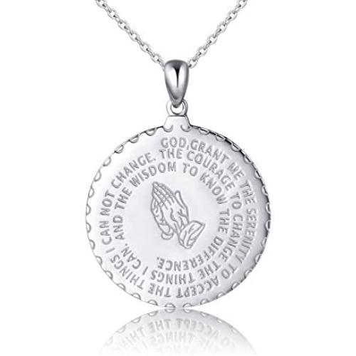 Bible Verse Prayer Necklace Christian Jewelry Sterling Silver Praying Hands Baptism Inspirational Medallion Pendant