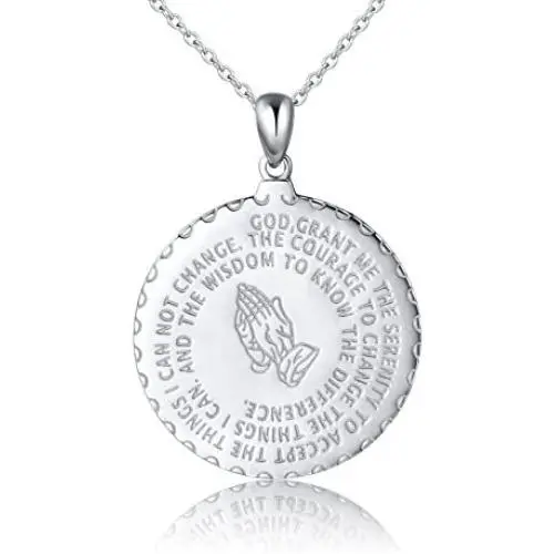Bible Verse Prayer Necklace Christian Jewelry Sterling Silver Praying Hands Baptism Inspirational Medallion Pendant
