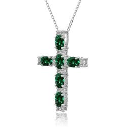 Sterling Silver Genuine, Created or Simulated Gemstone Oval-Cut Cross Pendant Necklace with White Topaz Accents