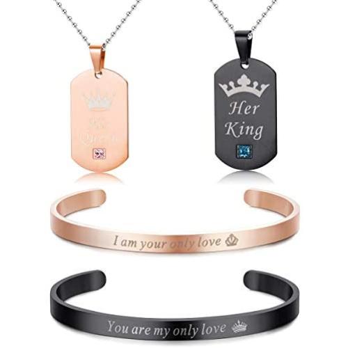 Jstyle 4Pcs Couple Necklace Bracelets Matching Set for Women Men Crown Dog Tag Pendant Love Necklace His & Hers Cuff Bracelets Couple Gift