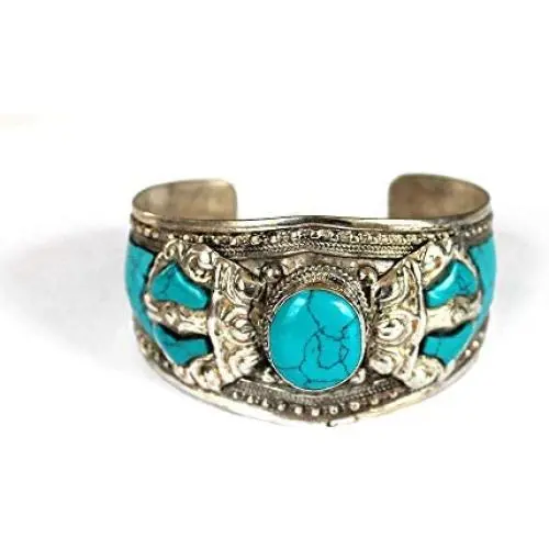 Blue Stabilized Turquoise Argentium Plated Stainless Steel & Ornate Alloy Band Adjustable Cuff Bracelet | Nepal Jewelry Blue Stabilized Turquoise Argentium Plated Stainless Steel & Ornate Alloy Band Adjustable Cuff Bracelet | Nepal Jewelry