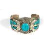 Blue Stabilized Turquoise Argentium Plated Stainless Steel & Ornate Alloy Band Adjustable Cuff Bracelet | Nepal Jewelry