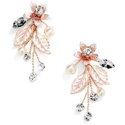 Mariell Bridal and Wedding Rose Gold Handmade Dangle Earrings with Clear Crystal Gems and Ivory Pearls
