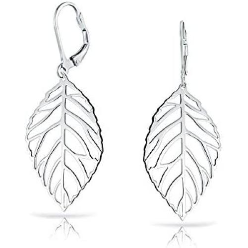 Boho Open Filigree Leaf Feather Dangle Drop Lever Back Earrings For Women Teen 925 Sterling Silver
