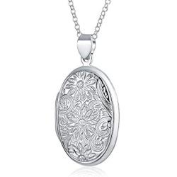 Personalized Engrave Vintage Style Embossed Sunflower Photo Oval Lockets For Women Hold Picture Sterling Silver Necklace