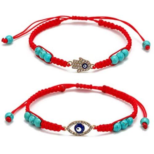 yfstyle Evil Eye Bracelets Good Luck Red String Kabbalah Bracelet for Men Women Hamsa Bracelet with Crystal Turquoise Charms Adjustable Protection Bracelet Gift for Boys Girls Pack of 2 Pcs