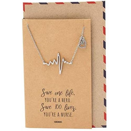 Quan Jewelry Heartbeat Pendant Cardiogram Necklace Gifts for Women, EKG Lifeline Pulse Charm Nurse Appreciation Gift with Greeting Card