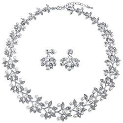 Bridal Large Fashion Vintage Style Leaves Leaf Motif Simulated White Pearl Cubic Zirconia Pave CZ Leaf Bib Statement Necklace Jewelry Set for Women Weddings