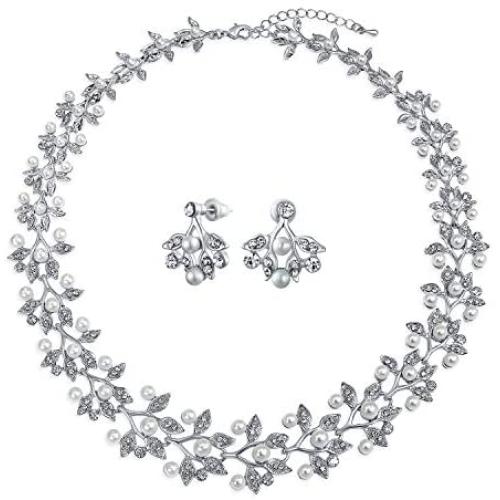 Bridal Large Fashion Vintage Style Leaves Leaf Motif Simulated White Pearl Cubic Zirconia Pave CZ Leaf Bib Statement Necklace Jewelry Set for Women Weddings