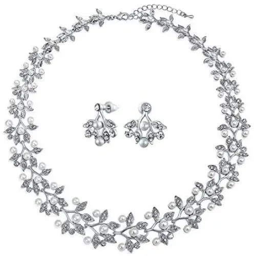 Bridal Large Fashion Vintage Style Leaves Leaf Motif Simulated White Pearl Cubic Zirconia Pave CZ Leaf Bib Statement Necklace Jewelry Set for Women Weddings