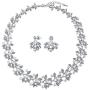 Bridal Large Fashion Vintage Style Leaves Leaf Motif Simulated White Pearl Cubic Zirconia Pave CZ Leaf Bib Statement Necklace Jewelry Set for Women Weddings