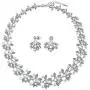 Bridal Large Fashion Vintage Style Leaves Leaf Motif Simulated White Pearl Cubic Zirconia Pave CZ Leaf Bib Statement Necklace Jewelry Set for Women Weddings