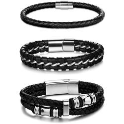 Jstyle 3Pcs Stainless Steel Braided Leather Bracelet for Men Women Leather Wrist Band Cuff Bangle Bracelet Magnetic Clasp 7.5-8.5 inches