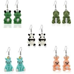 5Pairs Cute Handmade Cartoon Animal Dinosaur Frog Resin Earrings for Women Girl Funny Panda Rabbit Dangle Drop Earrings