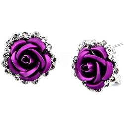 HSQYT Rose Flower Stud Earrings Silver Plated Simulated Coral Rose Crystal Earrings Lovely Simple Floral Charm Stud Earring Fashion Jewelry for Women Girl 20mm (Purple Rose Earring)
