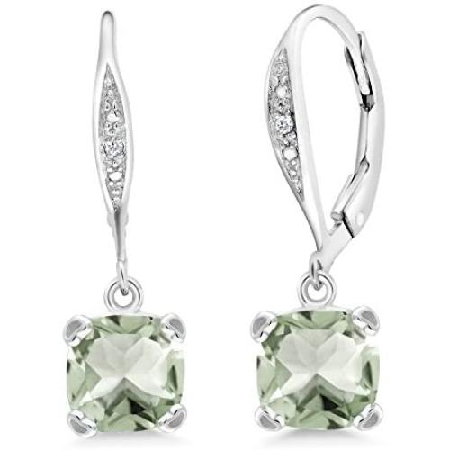 Gem Stone King 925 Sterling Silver Green Prasiolite and White Diamond Lever Back Earrings, 2.81 Cttw, Center Stone 7MM