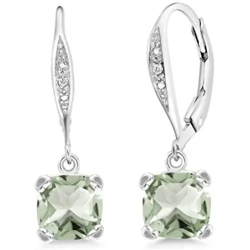 Gem Stone King 925 Sterling Silver Green Prasiolite and White Diamond Lever Back Earrings, 2.81 Cttw, Center Stone 7MM Gem Stone King 925 Sterling Silver Green Prasiolite and White Diamond Lever Back Earrings, 2.81 Cttw, Center Stone 7MM