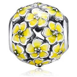 CKK Flower Charm Fit Pandora Bracelet Purple Enamel Plumeria Spacer Bead Charms for Bracelets DIY Women Jewelry 925 Sterling Silver (Yellow Bead)