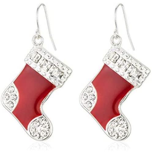 RareLove Cute Christmas Red Stocking Sock Piercing Dangle Earrings Bling Crystal CZ Silver Plated Alloy Holiday Jewelry For Women Girls