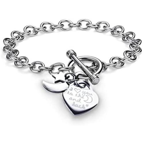 Charms Bracelet Heart Toggle I Love You To The Moon and Back Stainless Steel Chain 7.5''