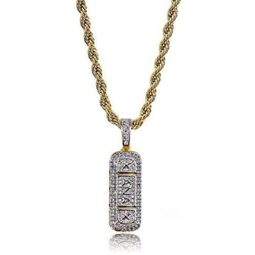 TOPGRILLZ 14K Gold Plated Iced Out CZ Hollow Xanax Pill Bar Pendant Necklace with 24” Rope Chain