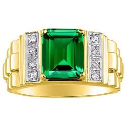 RYLOS Mens Rings Yellow Gold Plated Silver Designer Style 10X8MM Emerald Cut Shape Gemstone & Genuine Diamonds Color Stone Birthstone Rings For Men, Mens Rings, Silver Rings, Sizes 8,9,10,11,12,13