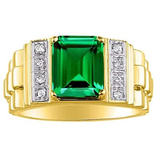 RYLOS Mens Rings Yellow Gold Plated Silver Designer Style 10X8MM Emerald Cut Shape Gemstone & Genuine Diamonds Color Stone Birthstone Rings For Men, Mens Rings, Silver Rings, Sizes 8,9,10,11,12,13