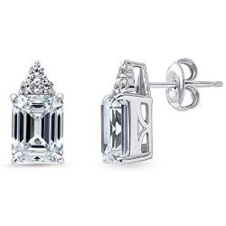 BERRICLE Rhodium Plated Sterling Silver Emerald Cut Cubic Zirconia CZ Solitaire Bridal Bridesmaid Fashion Necklace and Earrings Set