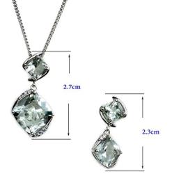 HAZZAR Real 925 Sterling Silver with Natural Green Square-Shape Amethyst and White Cubic-Zirconia Necklace & Dangle Earrings Set