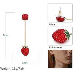 Channel V Red Strawberry Dangle Earrings Small Red Heart Cute Fruit Food Long Tassel Earring 3D Red Rhinestone Jewelry for Women Valentine’s Day Birthday Gift