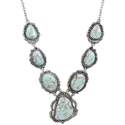 Elosee Turquoise Stone Western Style Bib Statement Pendant Long Necklace 27 Inch