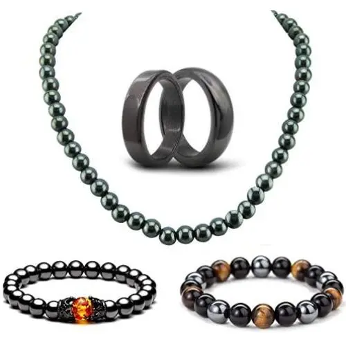 ZZ ZINFANDEL Hematite Rings Necklace Bracelet Set Hematite Ring Negative Energy Relieving Anxiety Magnetic Therapy Bracelet Magnetic Hematite Necklace for Women ZZ ZINFANDEL Hematite Rings Necklace Bracelet Set Hematite Ring Negative Energy Relieving Anxiety Magnetic Therapy Bracelet Magnetic Hematite Necklace for Women
