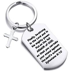 FUSTMW Christian Keychain Bible Verse Gifts Armor of God Cross Charm Ephesians 6:10 Religious Jewelry Confirmation Gifts