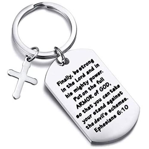 FUSTMW Christian Keychain Bible Verse Gifts Armor of God Cross Charm Ephesians 6:10 Religious Jewelry Confirmation Gifts