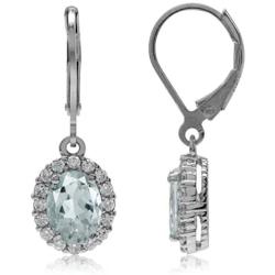 Silvershake 1.94ct. Oval Shape 8x6mm Genuine Aquamarine White Gold Plated 925 Sterling Silver Halo Leverback Earrings