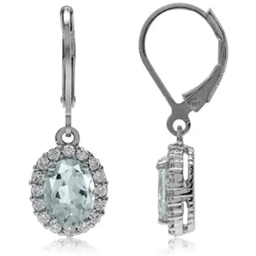 Silvershake 1.94ct. Oval Shape 8x6mm Genuine Aquamarine White Gold Plated 925 Sterling Silver Halo Leverback Earrings Silvershake 1.94ct. Oval Shape 8x6mm Genuine Aquamarine White Gold Plated 925 Sterling Silver Halo Leverback Earrings