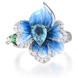 Santuzza Heart Shape Flower Rings 925 Sterling Silver Exquisite Blue Clover Enamel Ring Fine Jewelry for Women