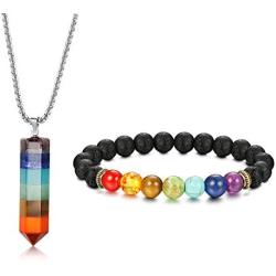 Jstyle 7 Chakra Gemstone Healing Pendant Necklace for Men Women 8mm Lava Rock Natural Stone Chakra Diffuser Bracelets Yoga Beads Bracelet