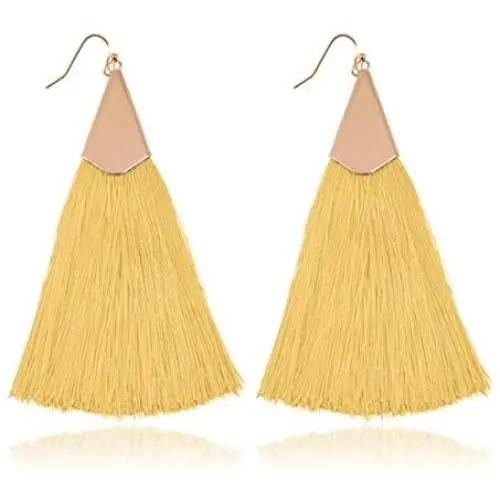 Bohemian Silky Thread Fan Fringe Tassel Statement Earrings - Lightweight Strand Feather Shape Long Dangles Bohemian Silky Thread Fan Fringe Tassel Statement Earrings - Lightweight Strand Feather Shape Long Dangles