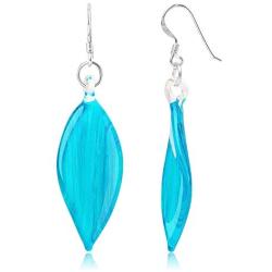 SUVANI Sterling Silver Hand Blown Glass Art Jewelry Leaf Curvy Long Dangle Earrings, Color Variations