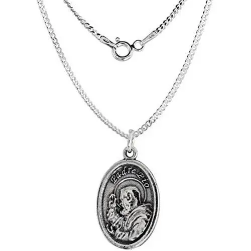 Sterling Silver St Padre Pio Medal Necklace Oval 1.8mm Chain