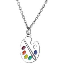 Trendy Enamel Artist Paint Palette and Brush with Thin Pendant Necklace Gifts Jewelry for Women & Girls