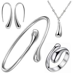 JEVI Necklace Earrings Jewelry Set Silver Water Drop Ring Bangle Set for Women Girls Birthday Mother’s Day
