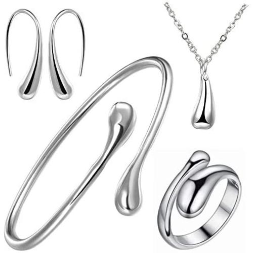 JEVI Necklace Earrings Jewelry Set Silver Water Drop Ring Bangle Set for Women Girls Birthday Mother’s Day