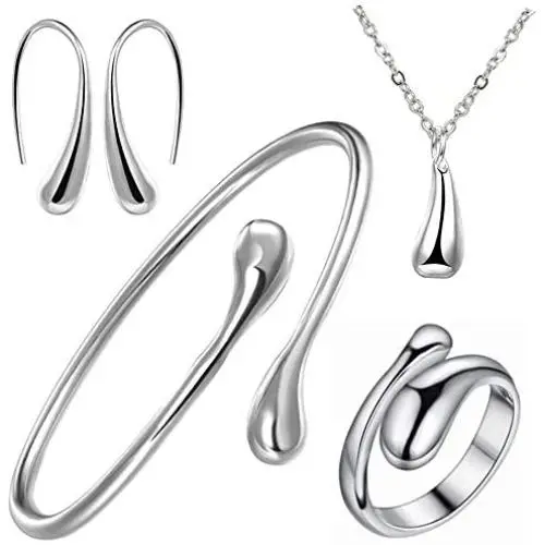 JEVI Necklace Earrings Jewelry Set Silver Water Drop Ring Bangle Set for Women Girls Birthday Mother’s Day JEVI Necklace Earrings Jewelry Set Silver Water Drop Ring Bangle Set for Women Girls Birthday Mother’s Day