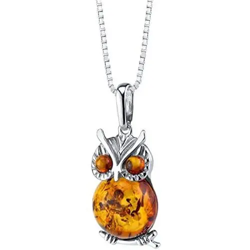 Baltic Amber Owl Pendant Necklace Sterling Silver Cognac Color Baltic Amber Owl Pendant Necklace Sterling Silver Cognac Color