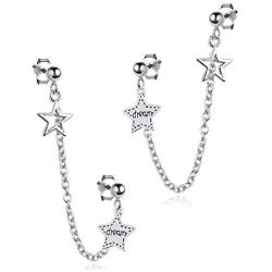 ANDPAI Personalized Punk Minimalist Double Ball Pierced Chain Earrings 925 Sterling Silver Star Stud Dangle Drop Earrings with Dream Letter for Women Men Hypoallergenic Statement Jewelry