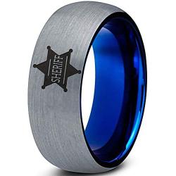 Sheriff Deputy Authoriy Crest Badge Ring - Tungsten Band 8mm - Men - Women - 18k Rose Gold Step Bevel Edge - Yellow - Grey - Blue - Black - Brushed - Polished - Wedding - Gift Dome Flat