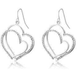 RareLove Valentines Gifts for Girlfriend Interlocking Two Hearts Crystal Embed Hook Dangle Earrings Statement Jewelry For Women Girls Silver Alloy Plated