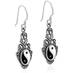Vintage Style Balance of Life Yin Yang Symbol .925 Sterling Silver Dangle Earrings